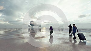 Business people at the airport go with their luggage to board a commercial plane. 3D Rendering