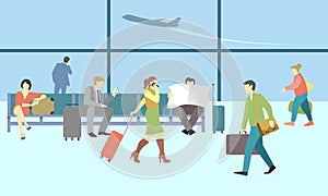 Business people in airport terminal. Vector travel