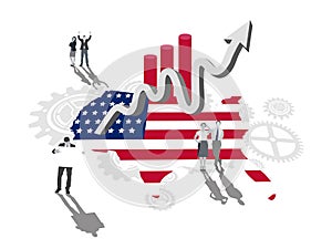 Business people on america outline with flag colours and up arrow