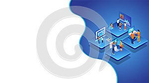 Business people analysis data management in different platform for Teamwork concept based isometric design