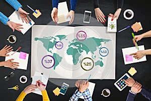 Business people analysis World map on table