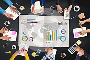 Business people analysis World map on table