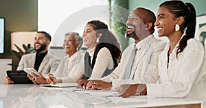Business, people and applause in office meeting for financial company performance review and growth or project updates