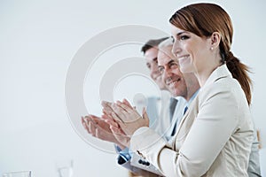 Business people, applause and support for success with audience at presentation or seminar for congratulations. Clapping