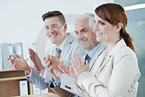 Business people, applause and support for success with praise and audience at presentation or seminar. Clapping hands