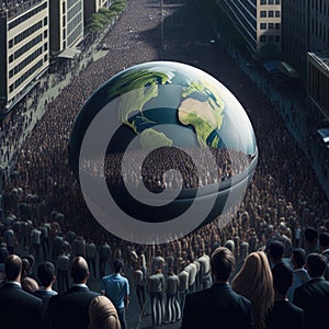 Business people around the world with 3D Earth in the center. World Population Day concept.