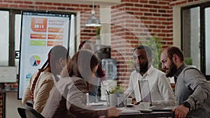 Business people arriving together in meeting office