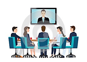 Business people attending videoconference meeting.