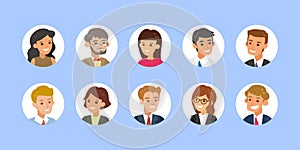 Business people avatar collection. Young adults man and woman faces, Colorful user pic icons in circle shape. Flat design style