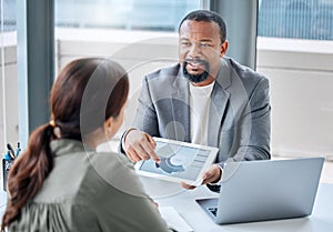 Business people, black man and tablet with charts, financial advisor and accounting with investment growth. Consultant