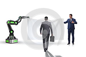 Business people and blank poster supported by robotic arms