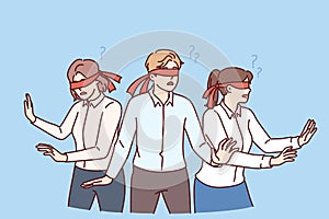 Business people with blindfolds look in different directions, symbolizing lack coherence employees