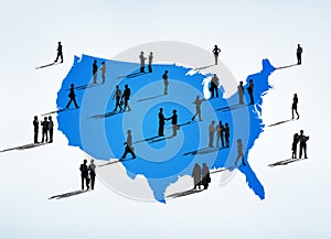 Business People with Blue Cartography of USA