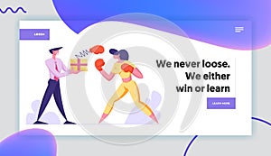 Business People Boxing Website Landing Page, Woman Fighting with Man Holding Box with Pop Up Glove on Spring