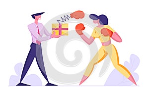 Business People Boxing. Woman Fighting with Man Holding Box with Pop Up Glove on Spring, Manager Characters Business