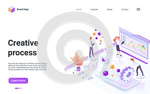 Business people brainstorm, work in creative analysis process isometric landing page