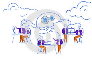 Business people brainstorming network process creative brain gearwheel mechanism men generating successful project