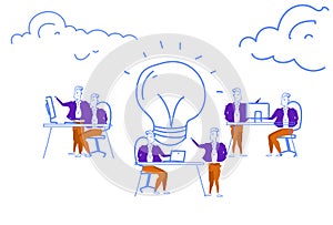 Business people brainstorming process generating new idea light lamp innovation concept teamwork inspiration startup