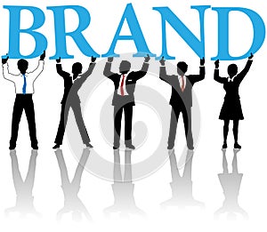 Business people build brand identity word