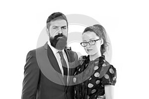 Business people. Business partners man with beard and woman visit business conference or meeting. Boss and attractive