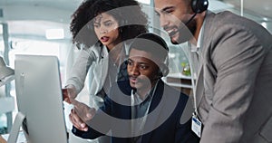 Business people, call center and coaching team in telemarketing, customer service or support at office. Staff, agent or