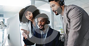 Business people, call center and coaching team in telemarketing, customer service or support at office. Staff, agent or