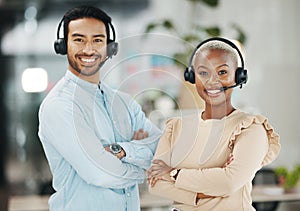 Business people, call center and portrait smile with arms crossed for teamwork collaboration in customer service at the