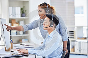 Business people, call center training and computer for manager advice, customer support and feedback in office