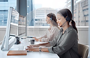 Business people, call centre and headset for telemarketing, communication and customer service. Female team or virtual