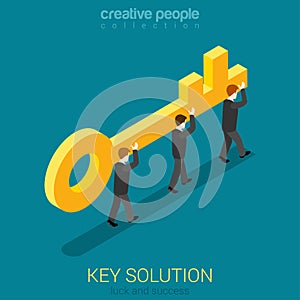 Business people carry golden key. Solution concept.
