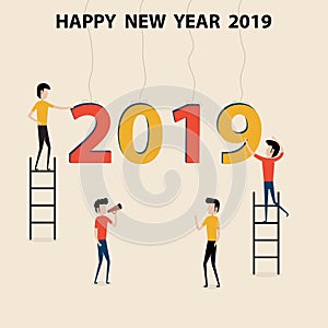Business people cartoon character & Happy New Year 2019 concept.