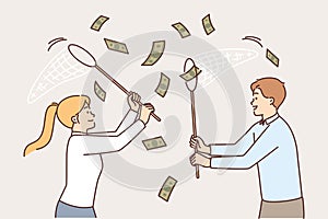 Business people catching money falling from sky using net for easy earning or casual income concept