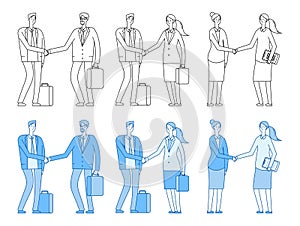 Business people characters. Business handshake. Line flat man woman, professional people vector set