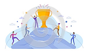 Business people characters climb to top peak award cup poster banner website vector illustration. Leadership and