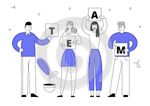 Business People Characters Holding Separated Word Team Together. Businessmen, Businesswomen Perfect Teamworking