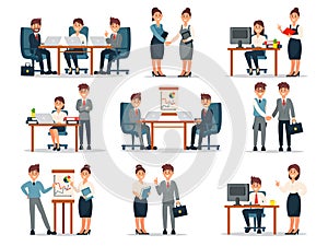 Obchod znakov na sada samec a žena pracovníci na pracovisko v kancelária návrh maľby vektor ilustrácie 