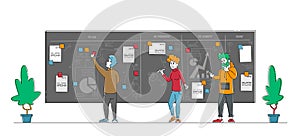 Business People Characters Working with Graphs at Scrum Board Develop Plan and Stick Notes on Workwall Create Strategy