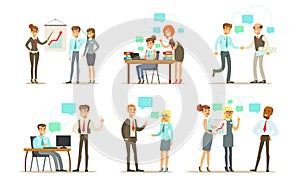 Business People Characters Working in the Office Set, Male and Female Managers or Employees Metting, Discussing Projects