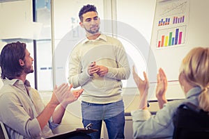 Business people clapping for confident male colleague