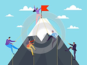 Business people climbing on mountain, vector illustration. Success achievement by flat leadership concept, climb career