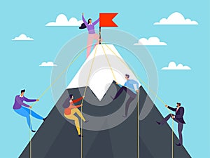Business people climbing on mountain, vector illustration. Success achievement by flat leadership concept, climb career photo
