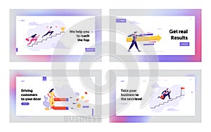 Business People Climbing Stairs to Success Banner Template. Businessman with Arrow. Woman with Magnet. Business Strategy