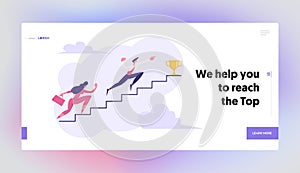 Business People Climbing Stairs to Success Landing Page. Man and Woman Characters Running to the Victory