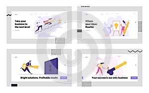 Business People Climbing Stairs to Success Landing Page Set. Man and Woman Characters. Business Competition