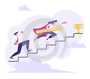 Business People Climbing Stairs to Success. Man and Woman Characters Running to the Victory. Business Competition