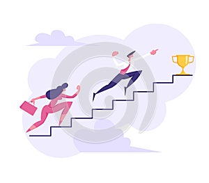 Business People Climbing Stairs to Success. Man and Woman Characters Running to the Victory. Business Strategy