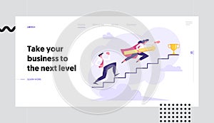 Business People Climbing Stairs to Success Web Banner. Man and Woman Characters Running to the Victory