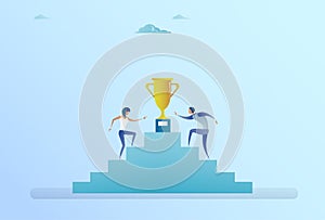 Business People Climbing Stairs Up To Golden Cup Winner Success Competition Concept