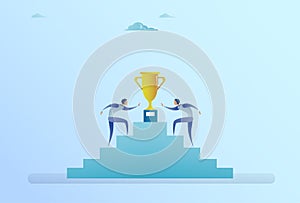 Business People Climbing Stairs Up To Golden Cup Winner Success Competition Concept