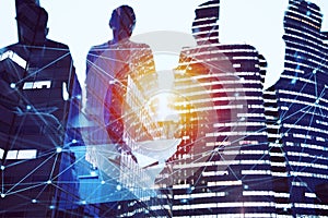 Business people collaborate together in office. Internet connection effects. Double exposure